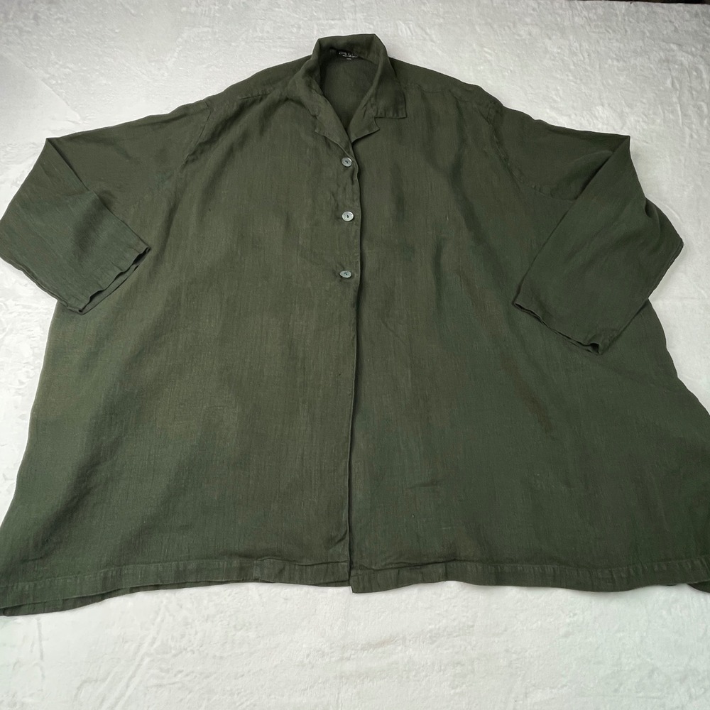 Backstage Women Olive Green 100% Linen Oversized Button Front Shirt Tunic 478